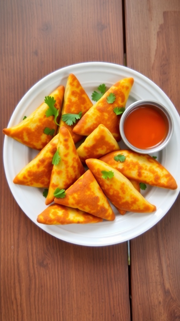 Crispy triangle patties on a plate with cilantro and dipping sauce.